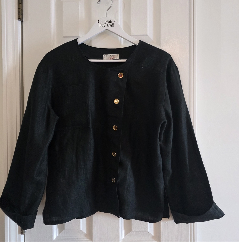 PRISTINE Givenchy Black VTG Linen Blazer Gold Buttons Medium See Measurements